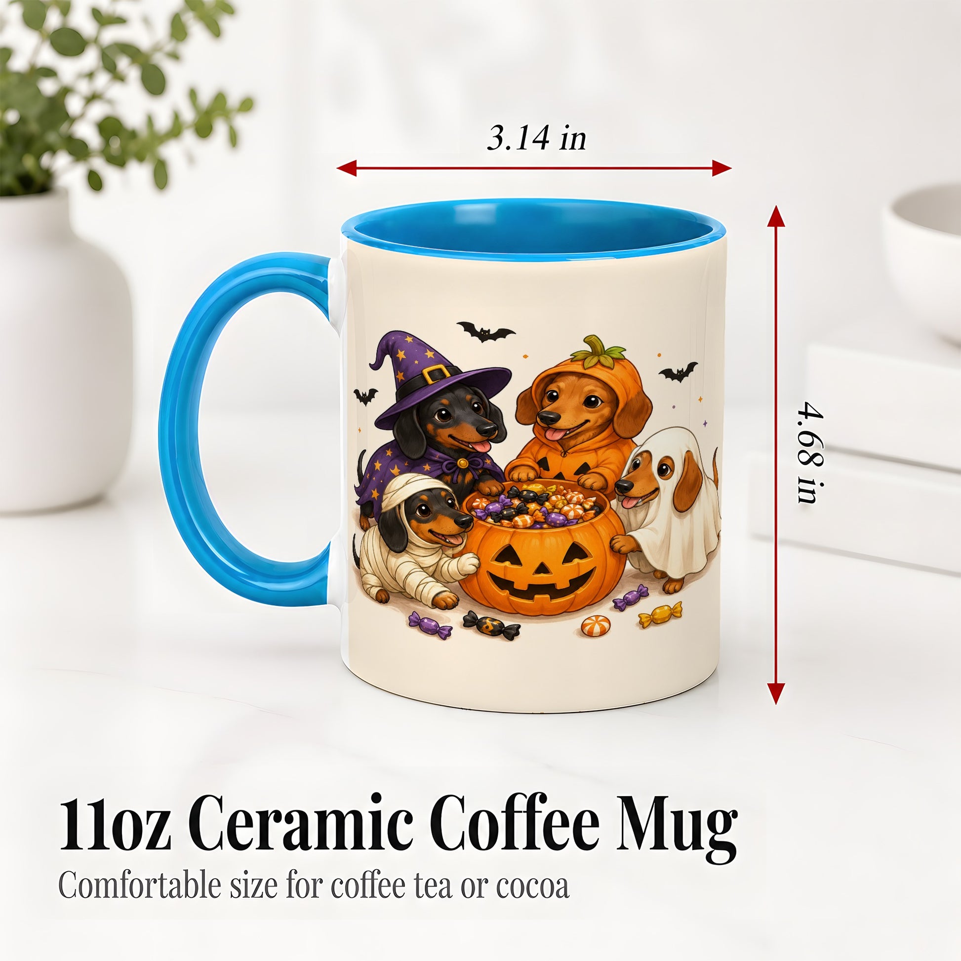 #pl[11oz|Blue] Halloween Dachshunds Accent Mug, Ceramic Mug with Costume Dog Artwork