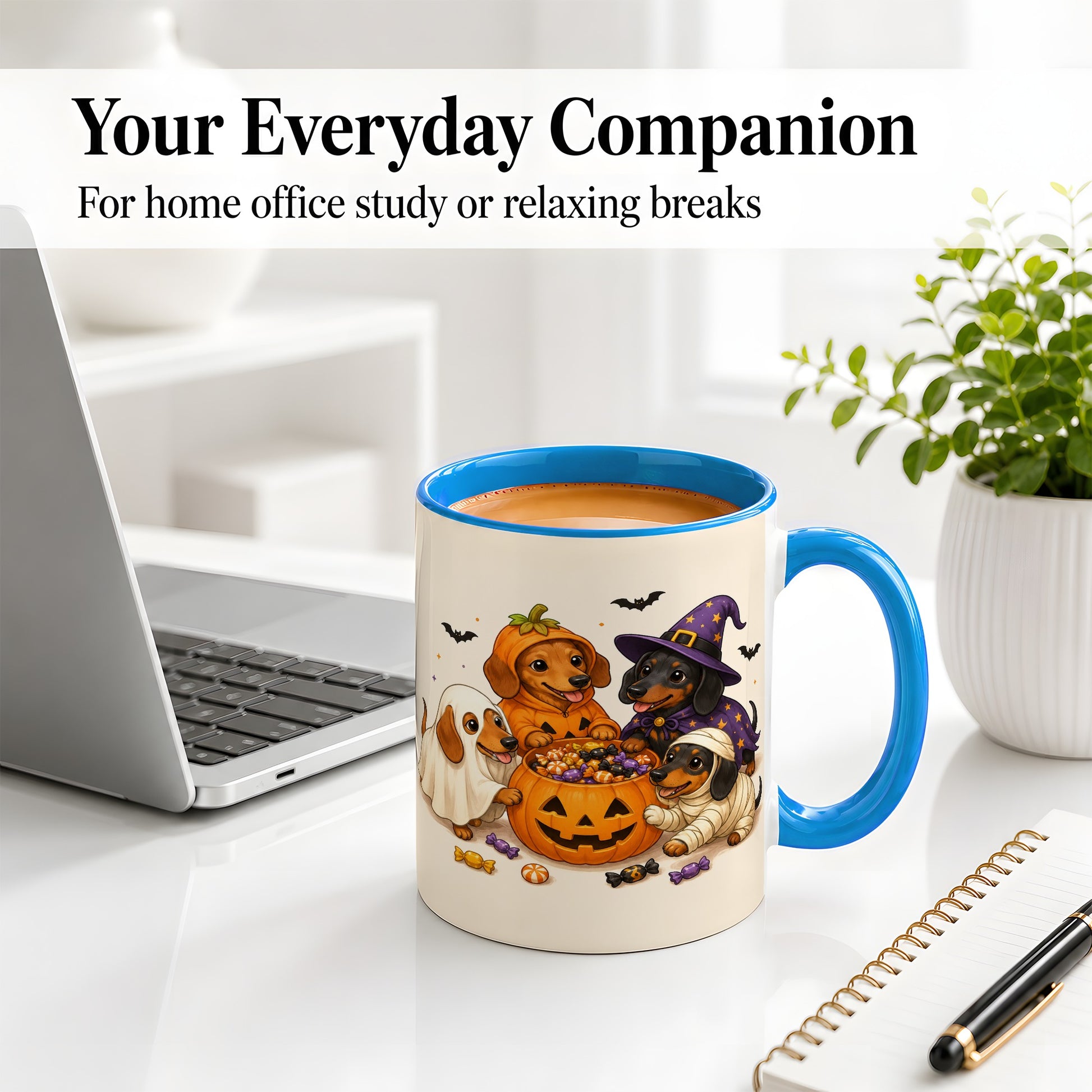 #pl[11oz|Blue] Halloween Dachshunds Accent Mug, Ceramic Mug with Costume Dog Artwork