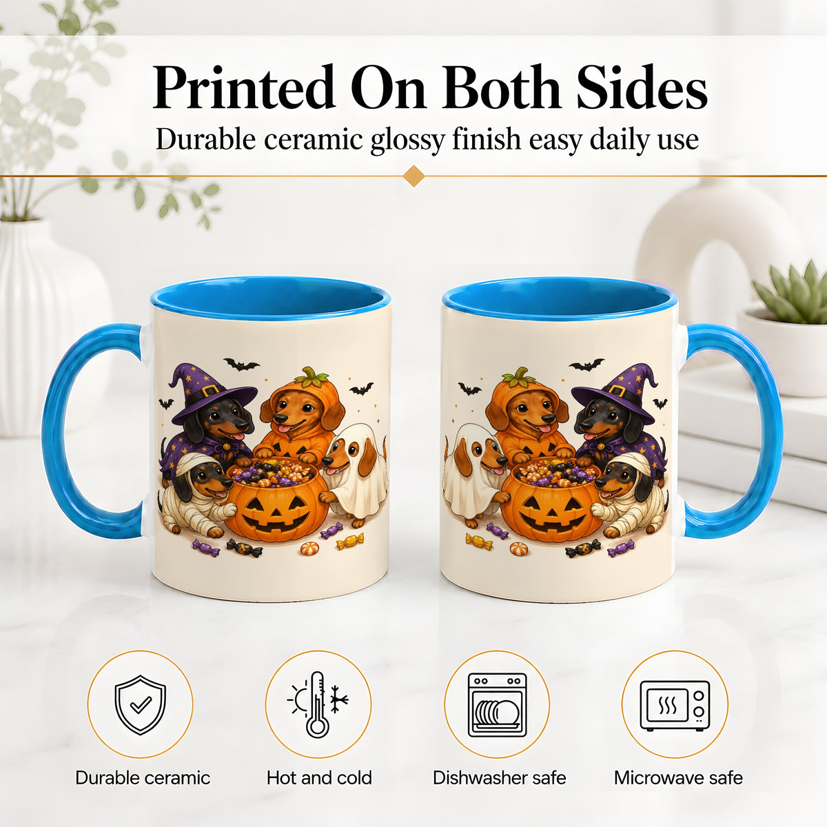 #pl[11oz|Blue] Halloween Dachshunds Accent Mug, Ceramic Mug with Costume Dog Artwork