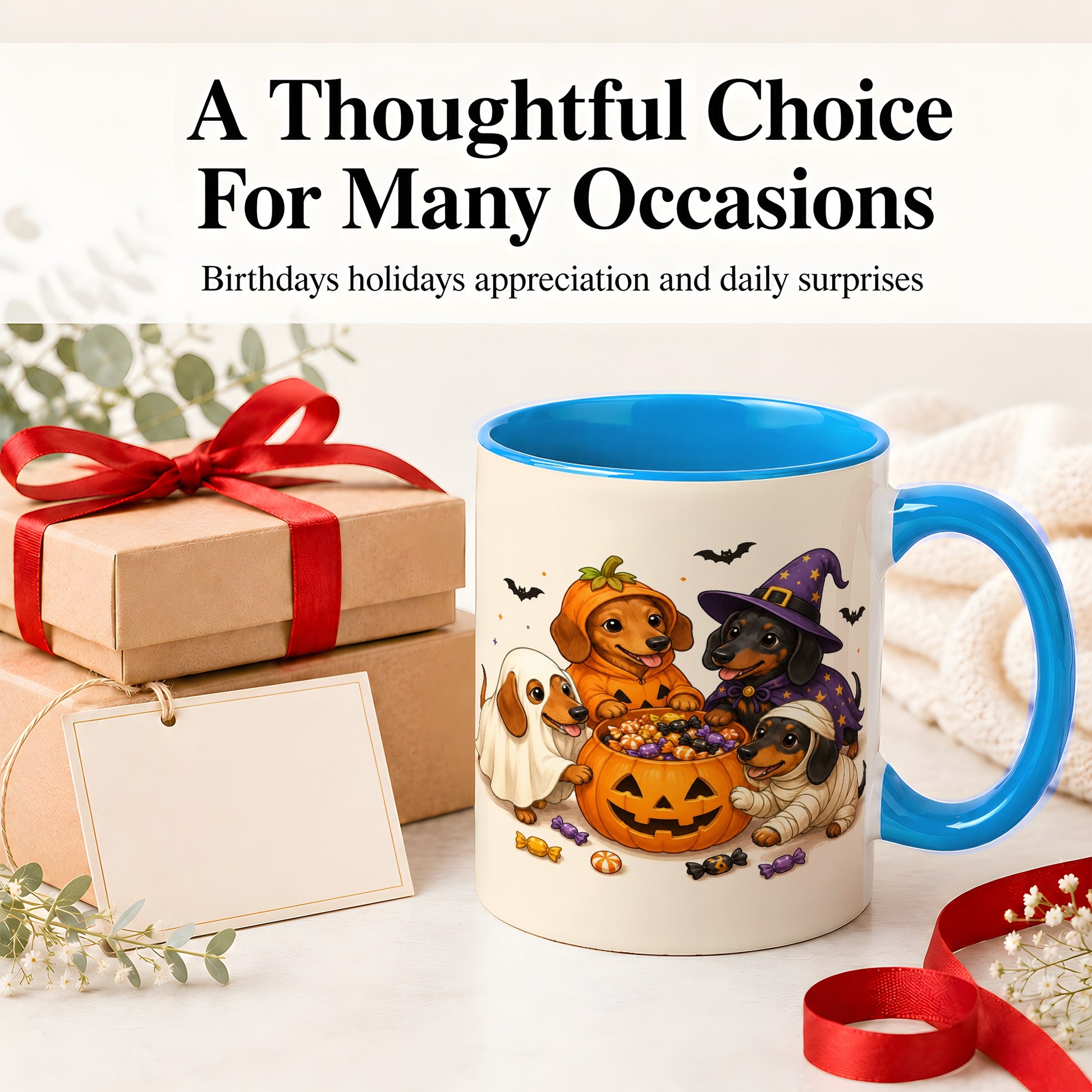 #pl[11oz|Blue] Halloween Dachshunds Accent Mug, Ceramic Mug with Costume Dog Artwork