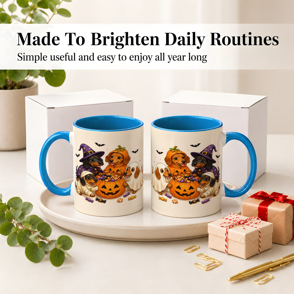 #pl[11oz|Blue] Halloween Dachshunds Accent Mug, Ceramic Mug with Costume Dog Artwork