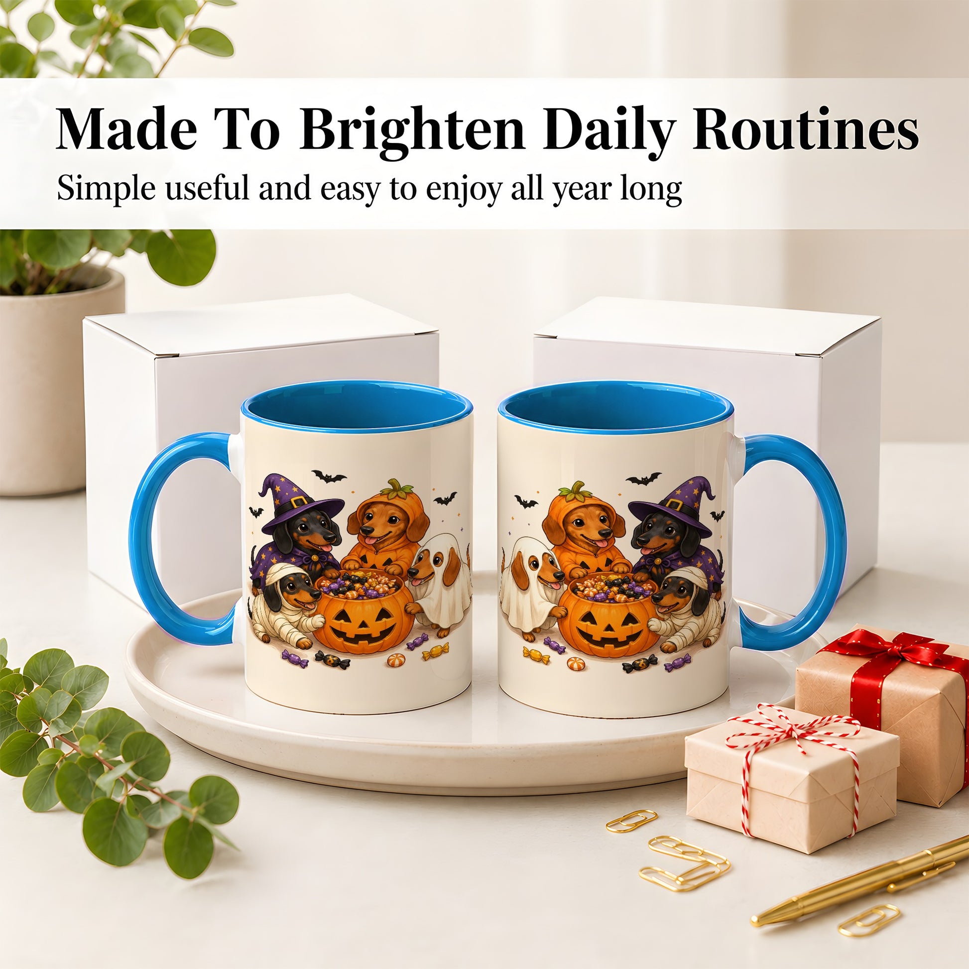 #pl[11oz|Blue] Halloween Dachshunds Accent Mug, Ceramic Mug with Costume Dog Artwork