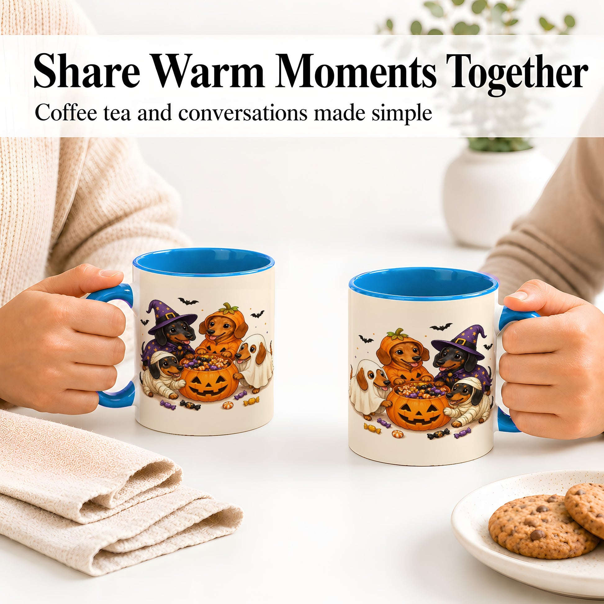 #pl[11oz|Blue] Halloween Dachshunds Accent Mug, Ceramic Mug with Costume Dog Artwork
