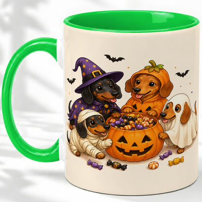 #pl[11oz|Green] Halloween Dachshunds Accent Mug, Ceramic Mug with Costume Dog Artwork