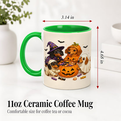 #pl[11oz|Green] Halloween Dachshunds Accent Mug, Ceramic Mug with Costume Dog Artwork