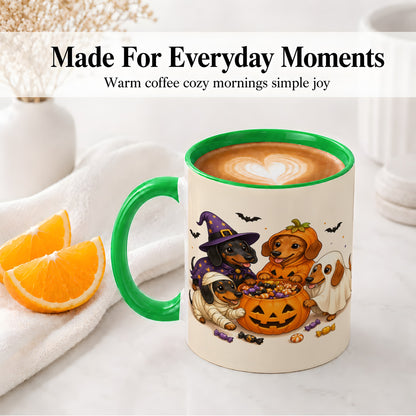 #pl[11oz|Green] Halloween Dachshunds Accent Mug, Ceramic Mug with Costume Dog Artwork