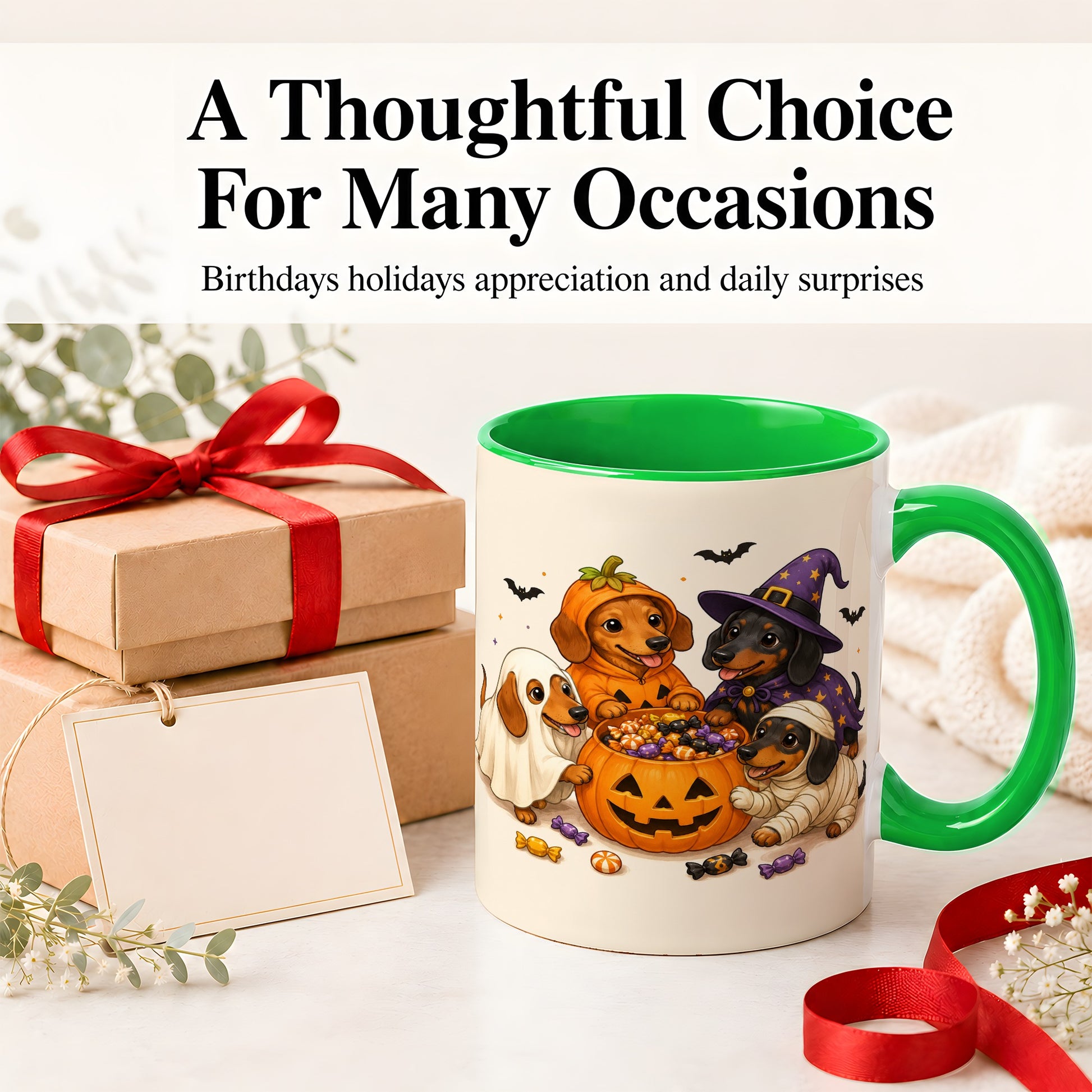 #pl[11oz|Green] Halloween Dachshunds Accent Mug, Ceramic Mug with Costume Dog Artwork
