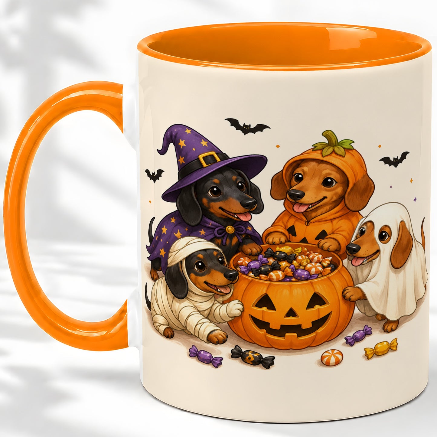 #pl[11oz|Orange] Halloween Dachshunds Accent Mug, Ceramic Mug with Costume Dog Artwork
