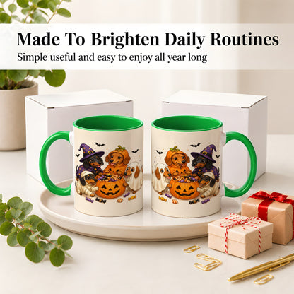 #pl[11oz|Green] Halloween Dachshunds Accent Mug, Ceramic Mug with Costume Dog Artwork