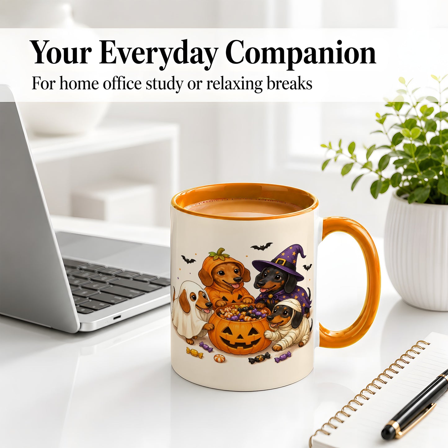 #pl[11oz|Orange] Halloween Dachshunds Accent Mug, Ceramic Mug with Costume Dog Artwork