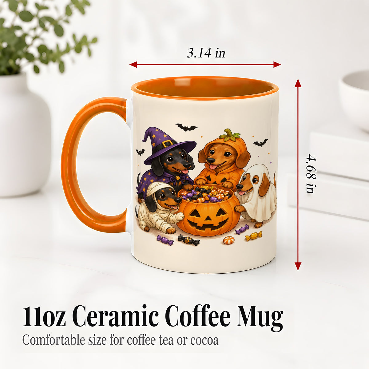 #pl[11oz|Orange] Halloween Dachshunds Accent Mug, Ceramic Mug with Costume Dog Artwork