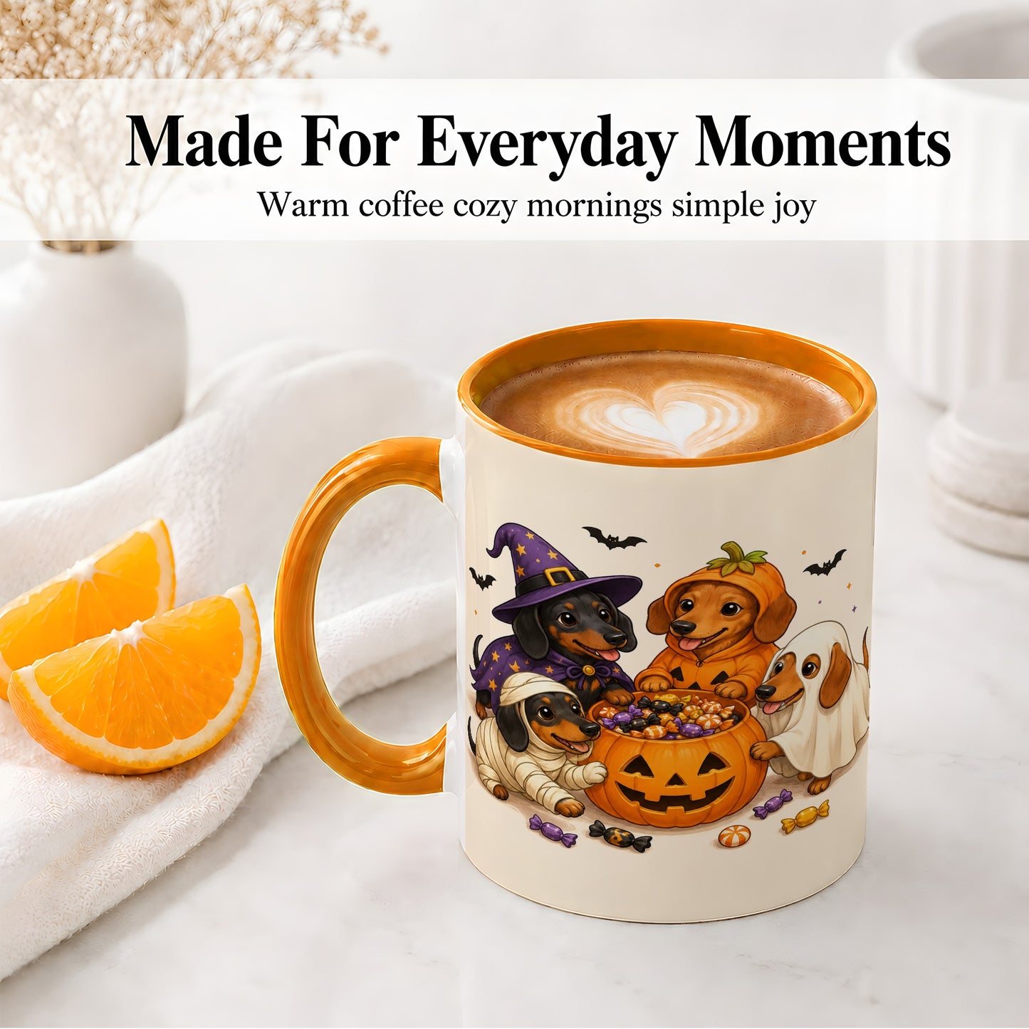#pl[11oz|Orange] Halloween Dachshunds Accent Mug, Ceramic Mug with Costume Dog Artwork