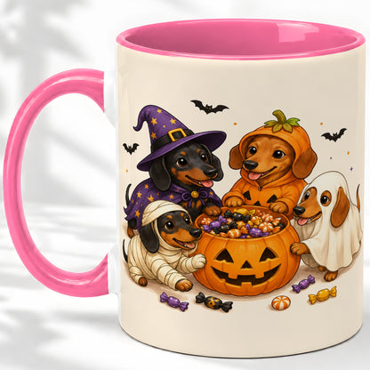 #pl[11oz|Pink] Halloween Dachshunds Accent Mug, Ceramic Mug with Costume Dog Artwork