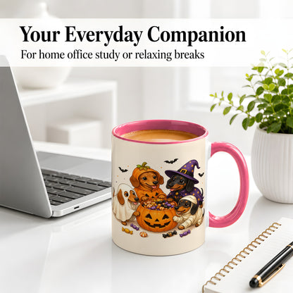 #pl[11oz|Pink] Halloween Dachshunds Accent Mug, Ceramic Mug with Costume Dog Artwork