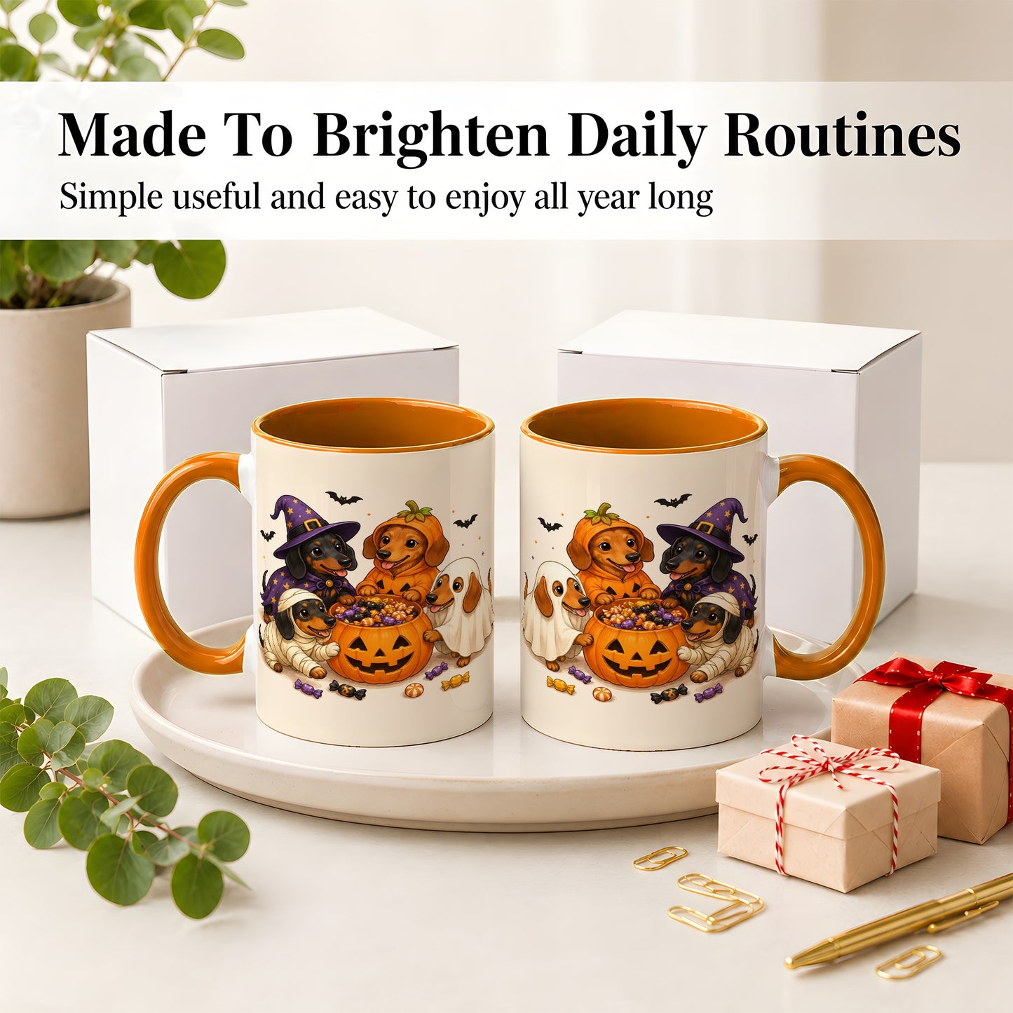 #pl[11oz|Orange] Halloween Dachshunds Accent Mug, Ceramic Mug with Costume Dog Artwork