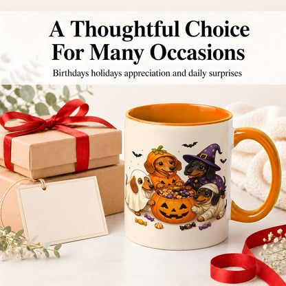 #pl[11oz|Orange] Halloween Dachshunds Accent Mug, Ceramic Mug with Costume Dog Artwork