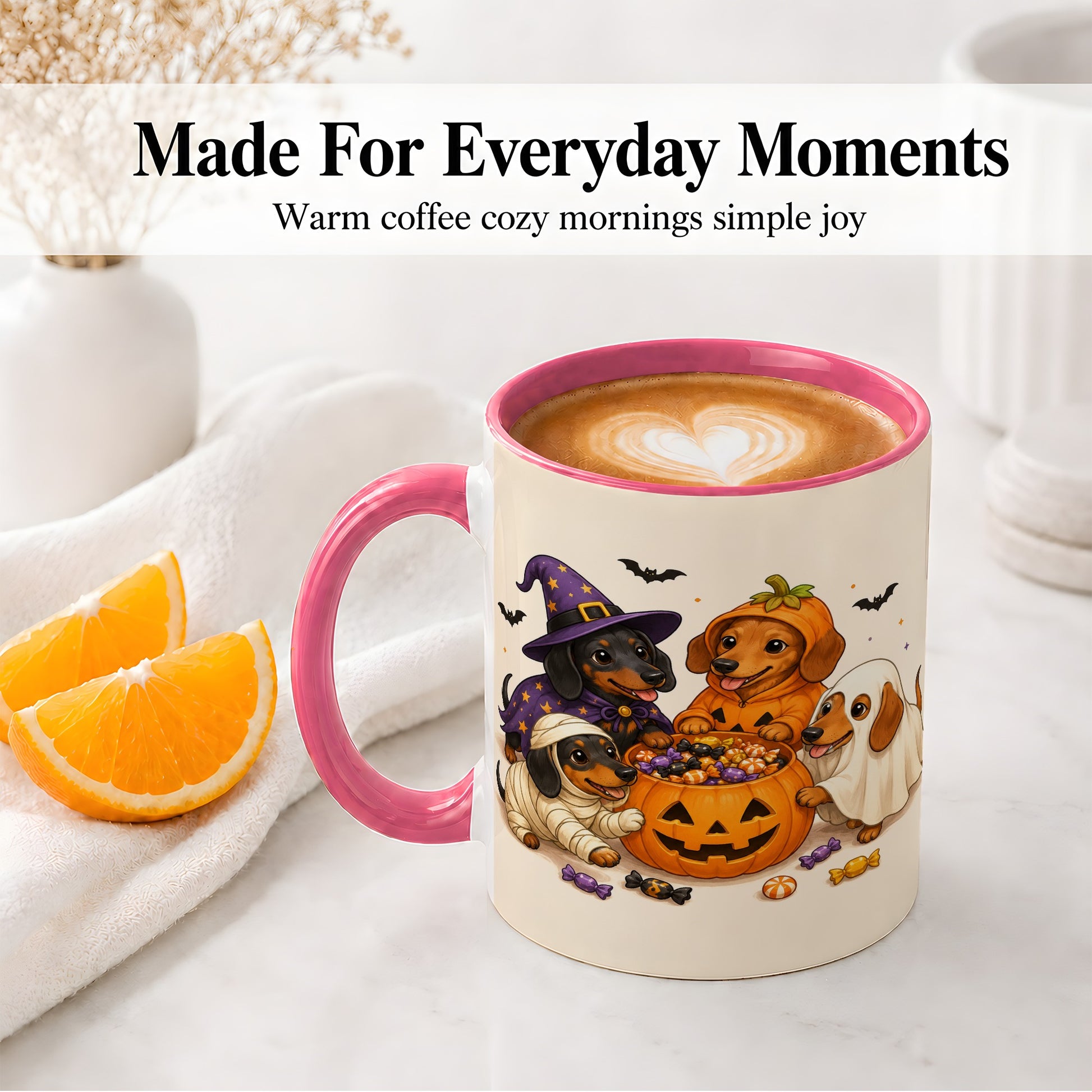 #pl[11oz|Pink] Halloween Dachshunds Accent Mug, Ceramic Mug with Costume Dog Artwork