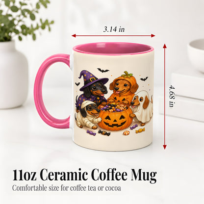 #pl[11oz|Pink] Halloween Dachshunds Accent Mug, Ceramic Mug with Costume Dog Artwork