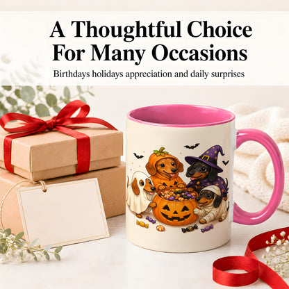 #pl[11oz|Pink] Halloween Dachshunds Accent Mug, Ceramic Mug with Costume Dog Artwork