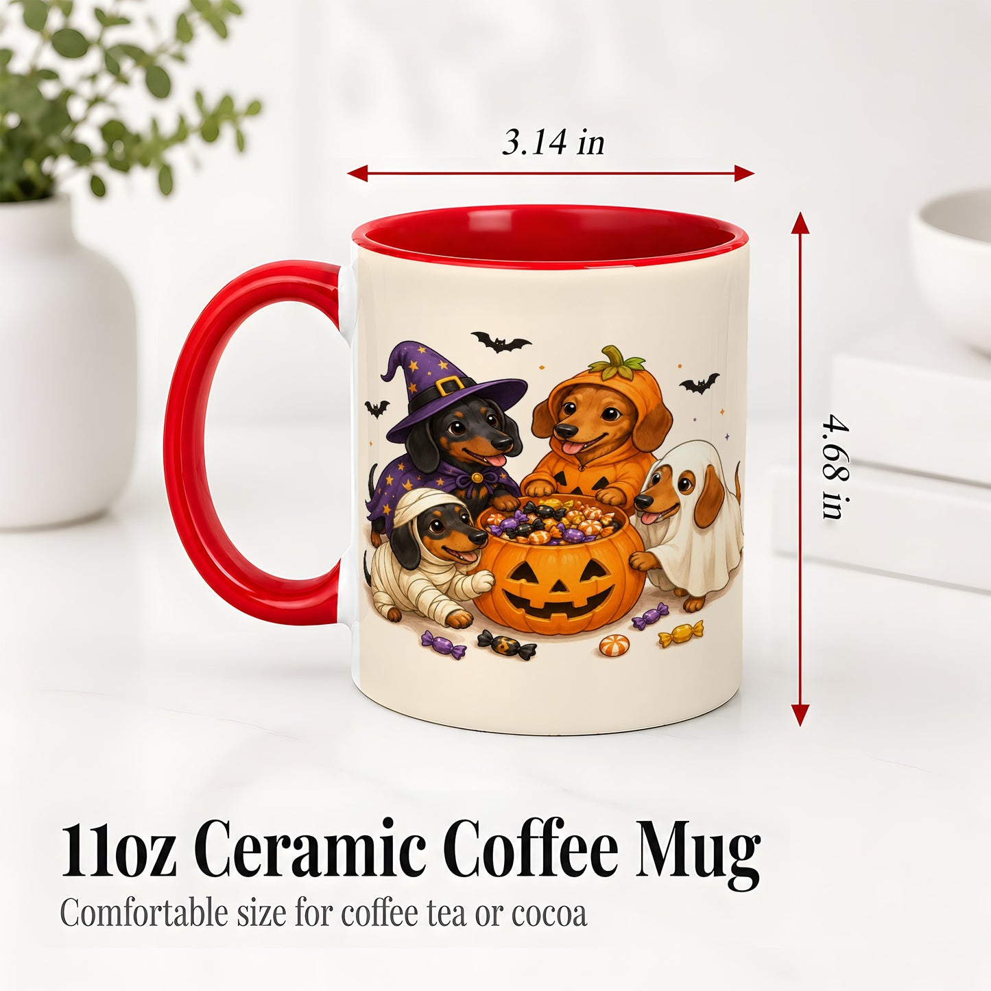 #pl[11oz|Red] Halloween Dachshunds Accent Mug, Ceramic Mug with Costume Dog Artwork