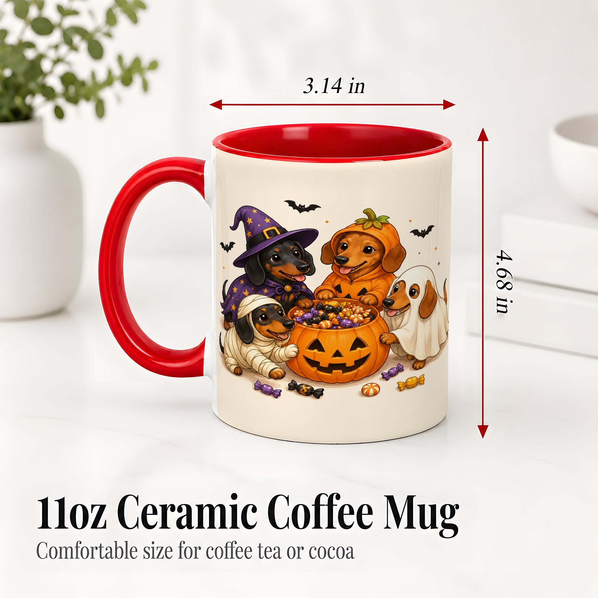 #pl[11oz|Red] Halloween Dachshunds Accent Mug, Ceramic Mug with Costume Dog Artwork