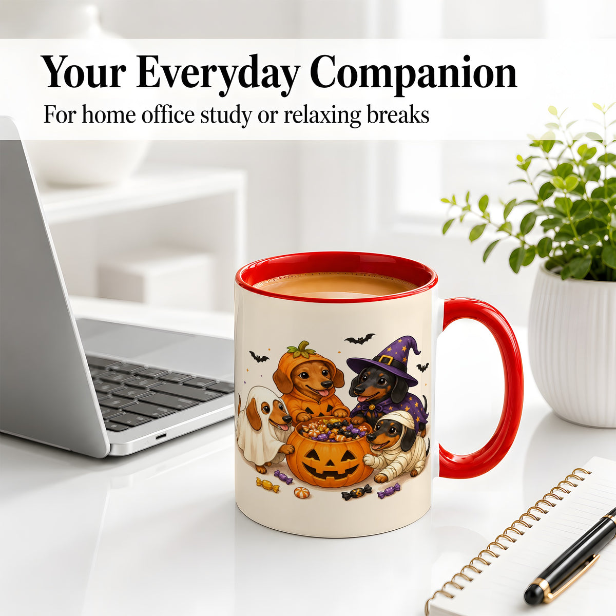 #pl[11oz|Red] Halloween Dachshunds Accent Mug, Ceramic Mug with Costume Dog Artwork