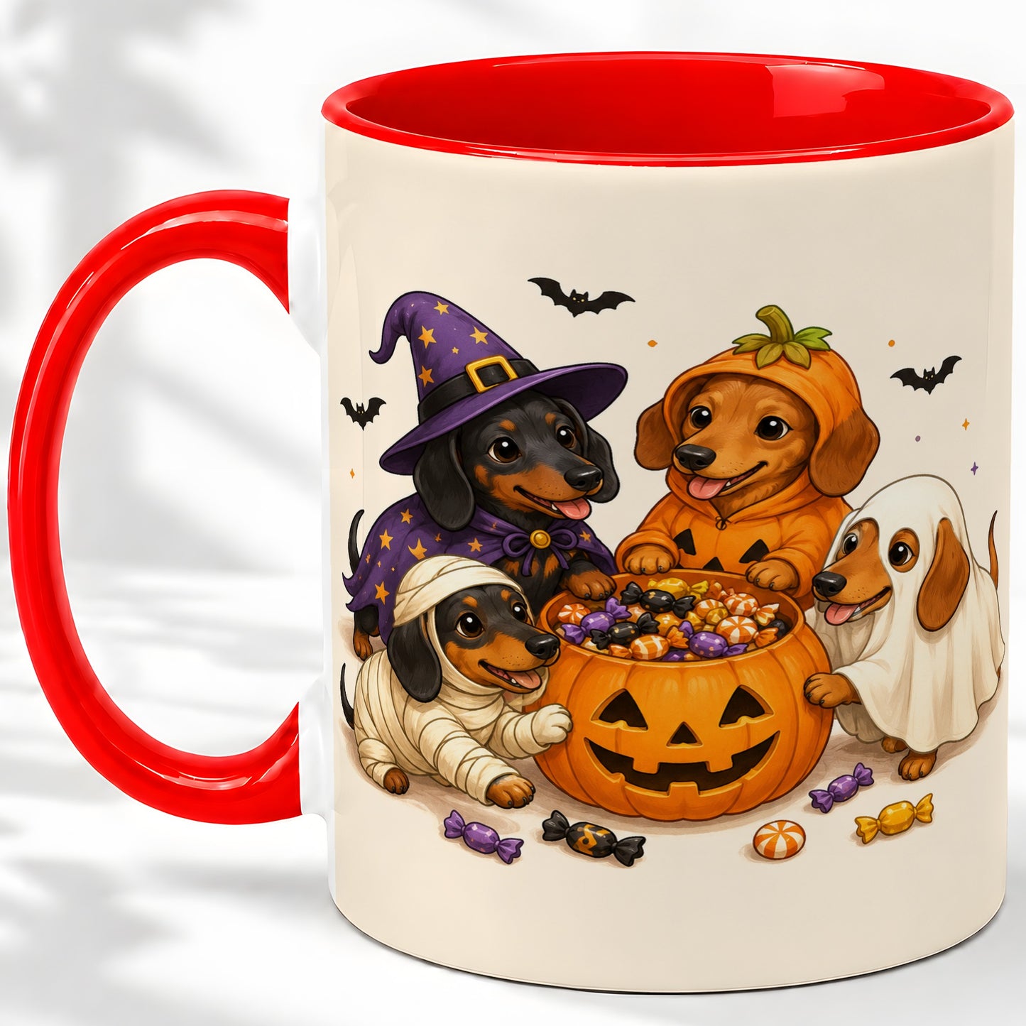 Halloween Dachshunds Accent Mug, Ceramic Mug with Costume Dog Artwork