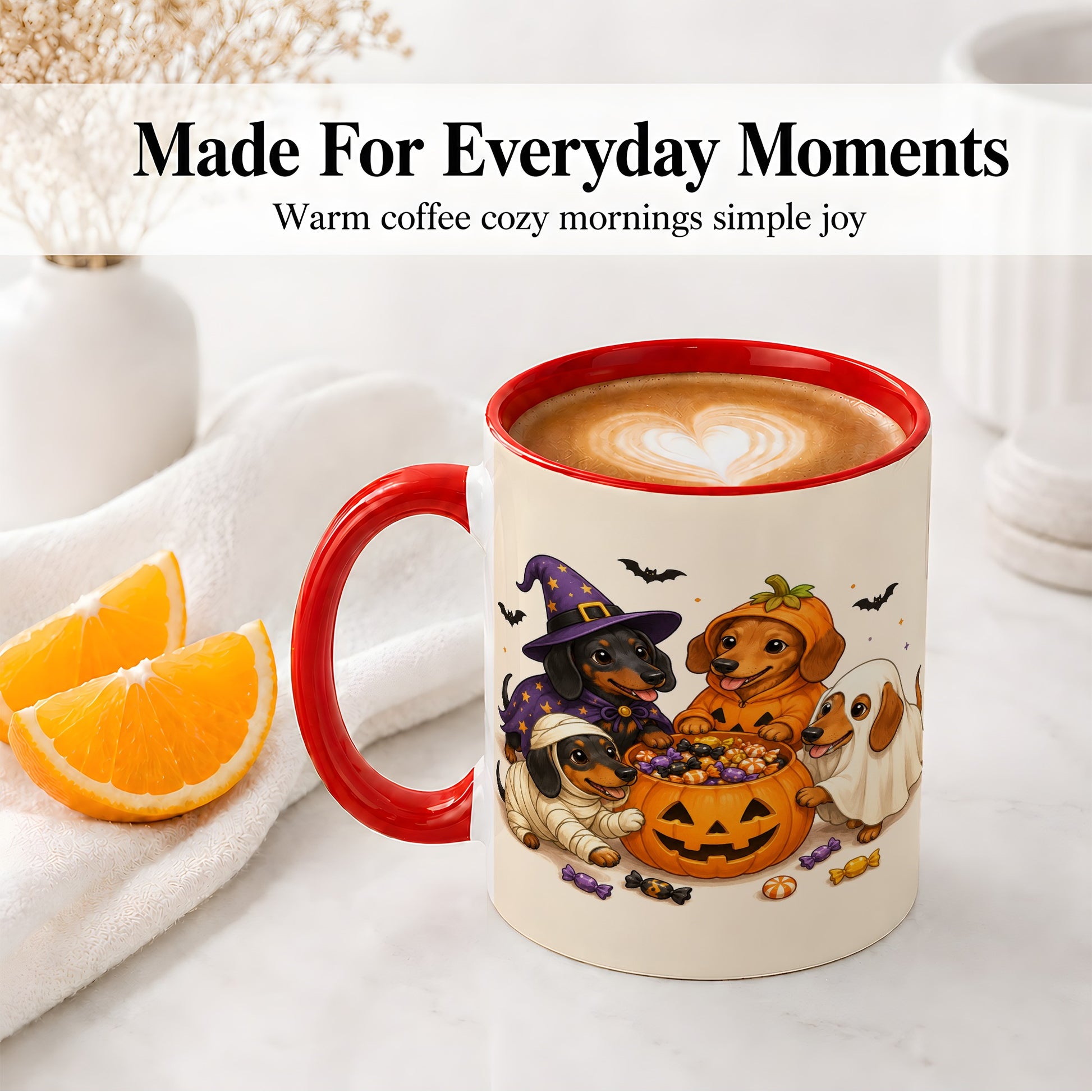 #pl[11oz|Red] Halloween Dachshunds Accent Mug, Ceramic Mug with Costume Dog Artwork