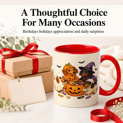 #pl[11oz|Red] Halloween Dachshunds Accent Mug, Ceramic Mug with Costume Dog Artwork