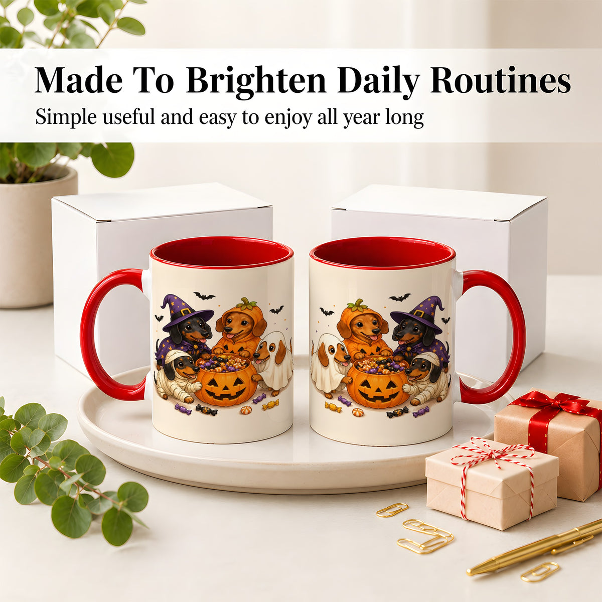 #pl[11oz|Red] Halloween Dachshunds Accent Mug, Ceramic Mug with Costume Dog Artwork