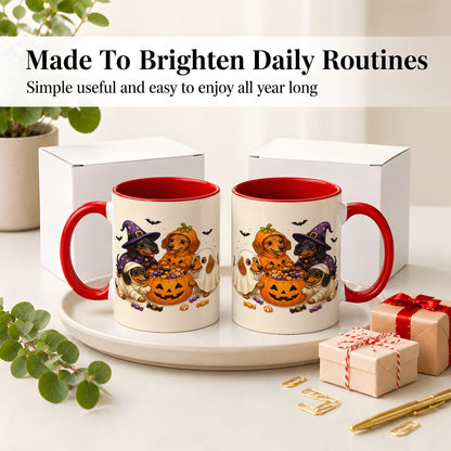 #pl[11oz|Red] Halloween Dachshunds Accent Mug, Ceramic Mug with Costume Dog Artwork