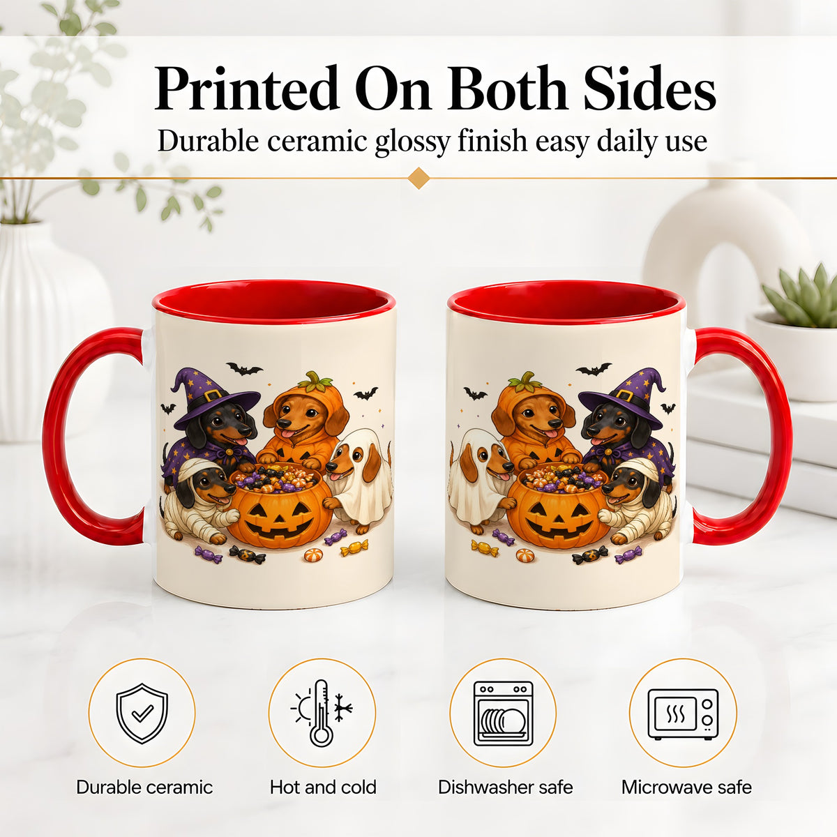 #pl[11oz|Red] Halloween Dachshunds Accent Mug, Ceramic Mug with Costume Dog Artwork