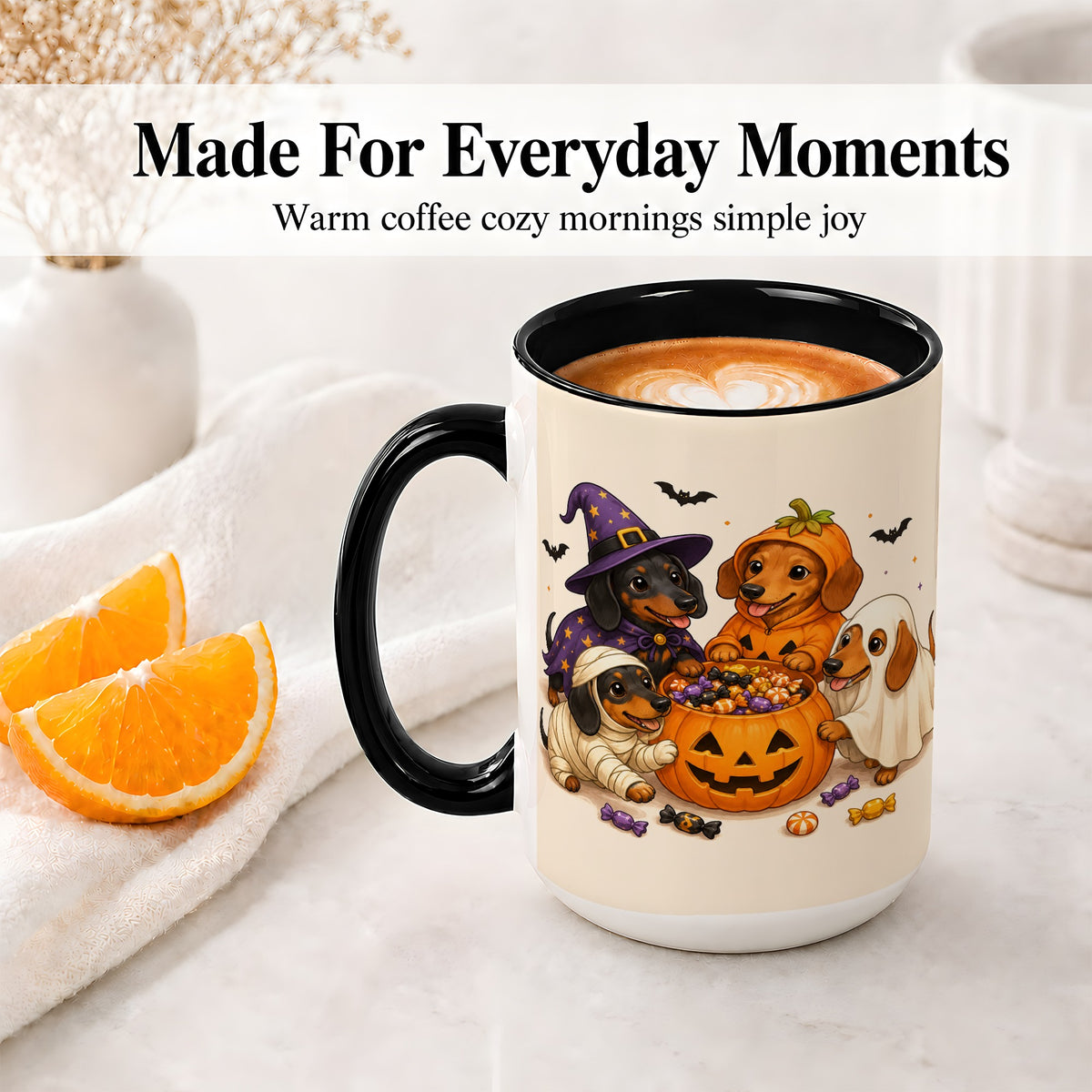 #pl[15oz|Black] Halloween Dachshunds Accent Mug, Ceramic Mug with Costume Dog Artwork