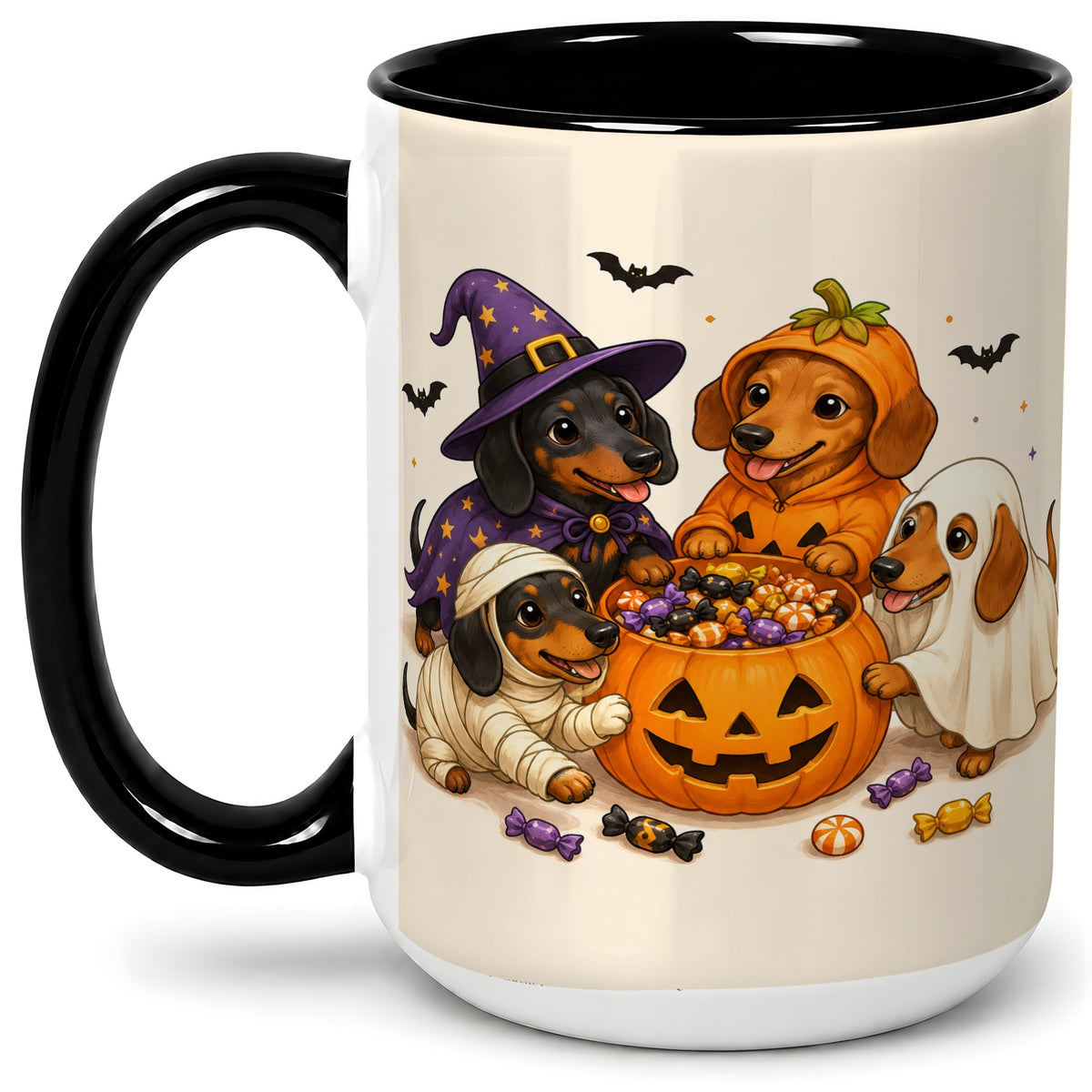 #pl[15oz|Black] Halloween Dachshunds Accent Mug, Ceramic Mug with Costume Dog Artwork