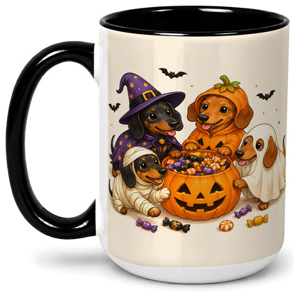 #pl[15oz|Black] Halloween Dachshunds Accent Mug, Ceramic Mug with Costume Dog Artwork