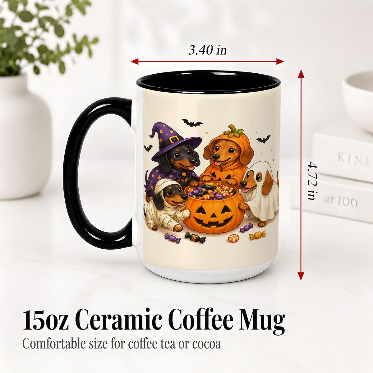 #pl[15oz|Black] Halloween Dachshunds Accent Mug, Ceramic Mug with Costume Dog Artwork