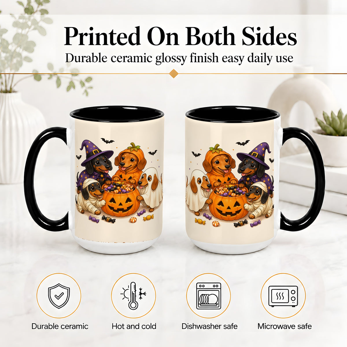 #pl[15oz|Black] Halloween Dachshunds Accent Mug, Ceramic Mug with Costume Dog Artwork