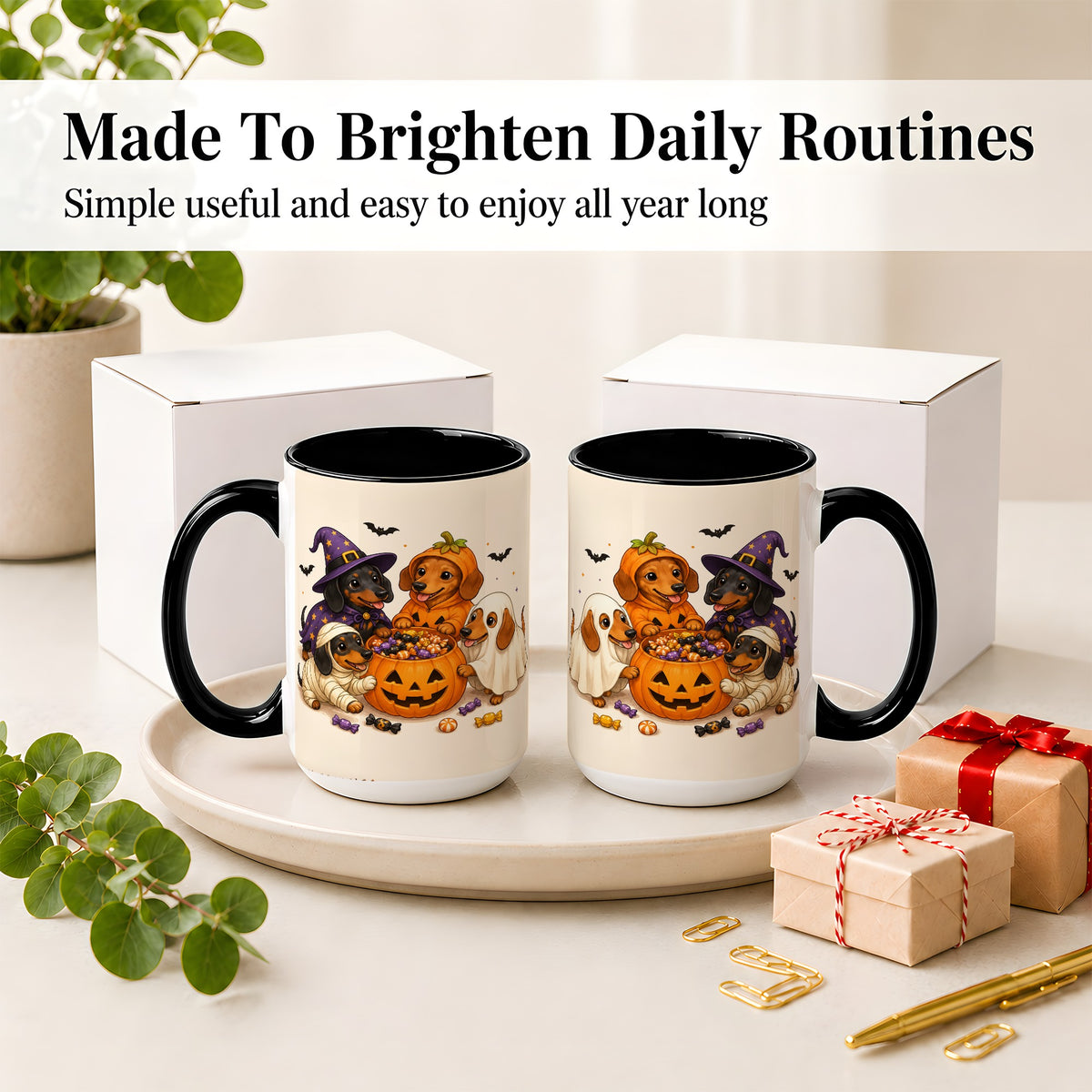 #pl[15oz|Black] Halloween Dachshunds Accent Mug, Ceramic Mug with Costume Dog Artwork
