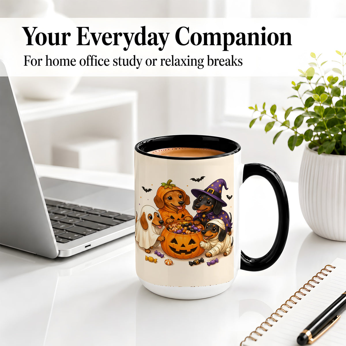 #pl[15oz|Black] Halloween Dachshunds Accent Mug, Ceramic Mug with Costume Dog Artwork