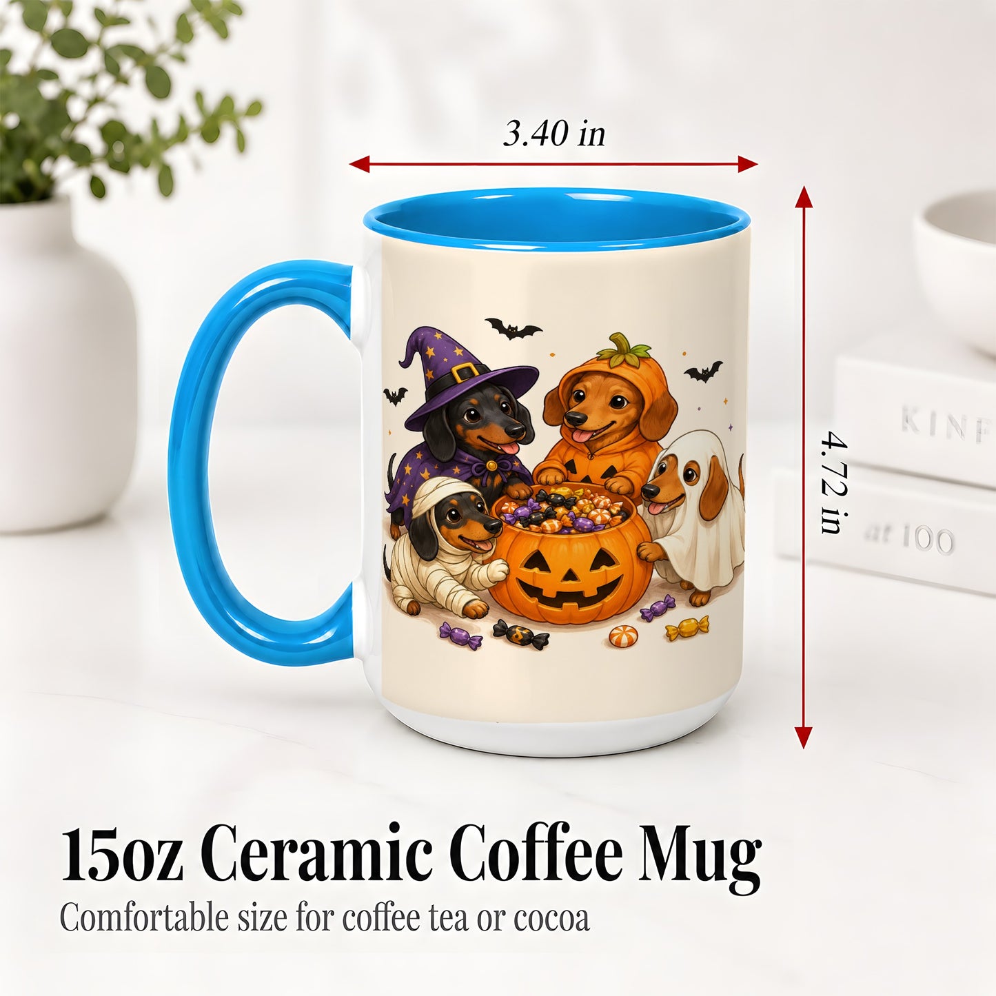 #pl[15oz|Blue] Halloween Dachshunds Accent Mug, Ceramic Mug with Costume Dog Artwork