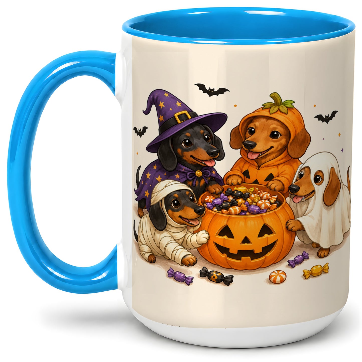 #pl[15oz|Blue] Halloween Dachshunds Accent Mug, Ceramic Mug with Costume Dog Artwork