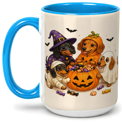 #pl[15oz|Blue] Halloween Dachshunds Accent Mug, Ceramic Mug with Costume Dog Artwork