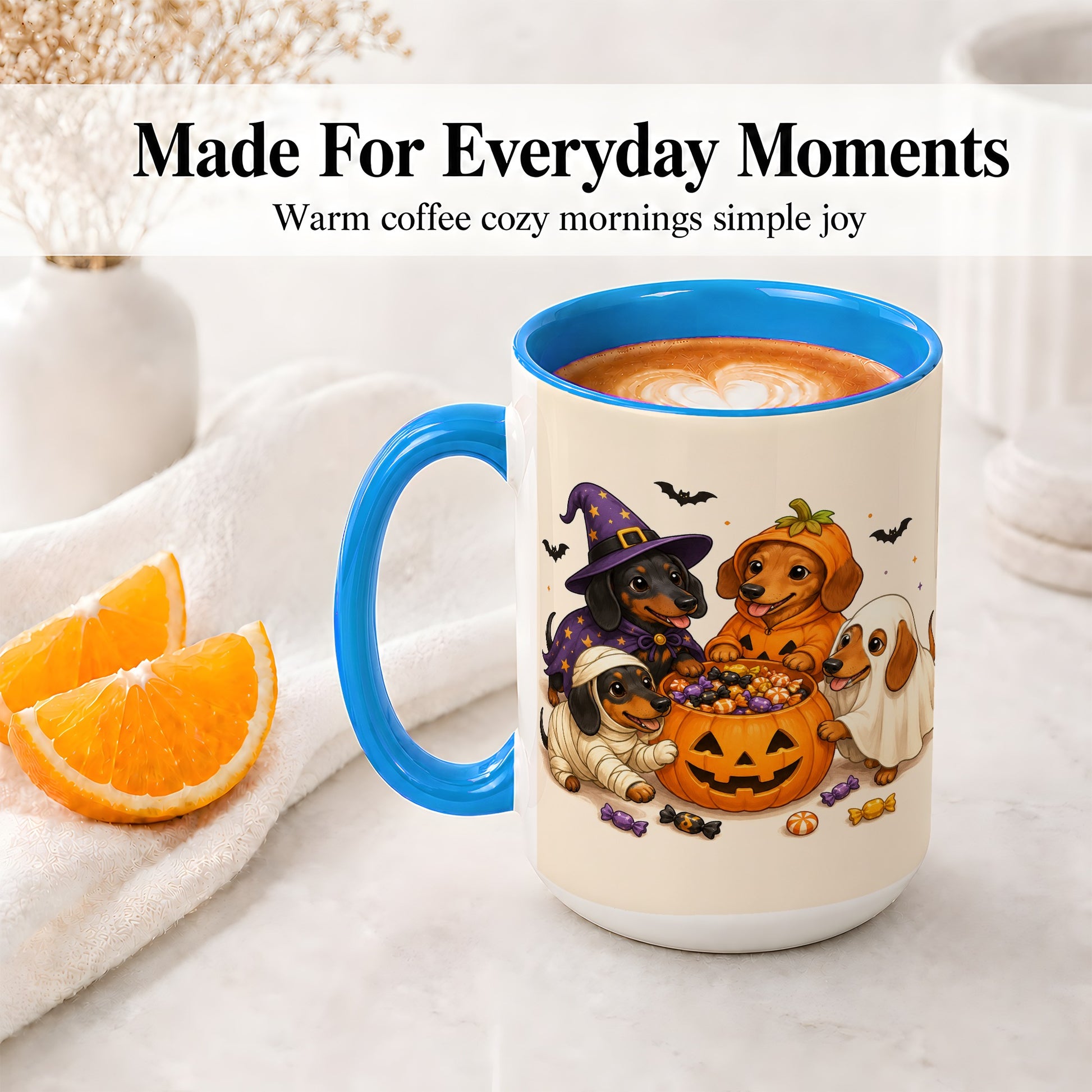 #pl[15oz|Blue] Halloween Dachshunds Accent Mug, Ceramic Mug with Costume Dog Artwork