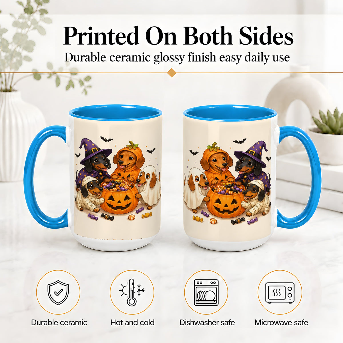 #pl[15oz|Blue] Halloween Dachshunds Accent Mug, Ceramic Mug with Costume Dog Artwork