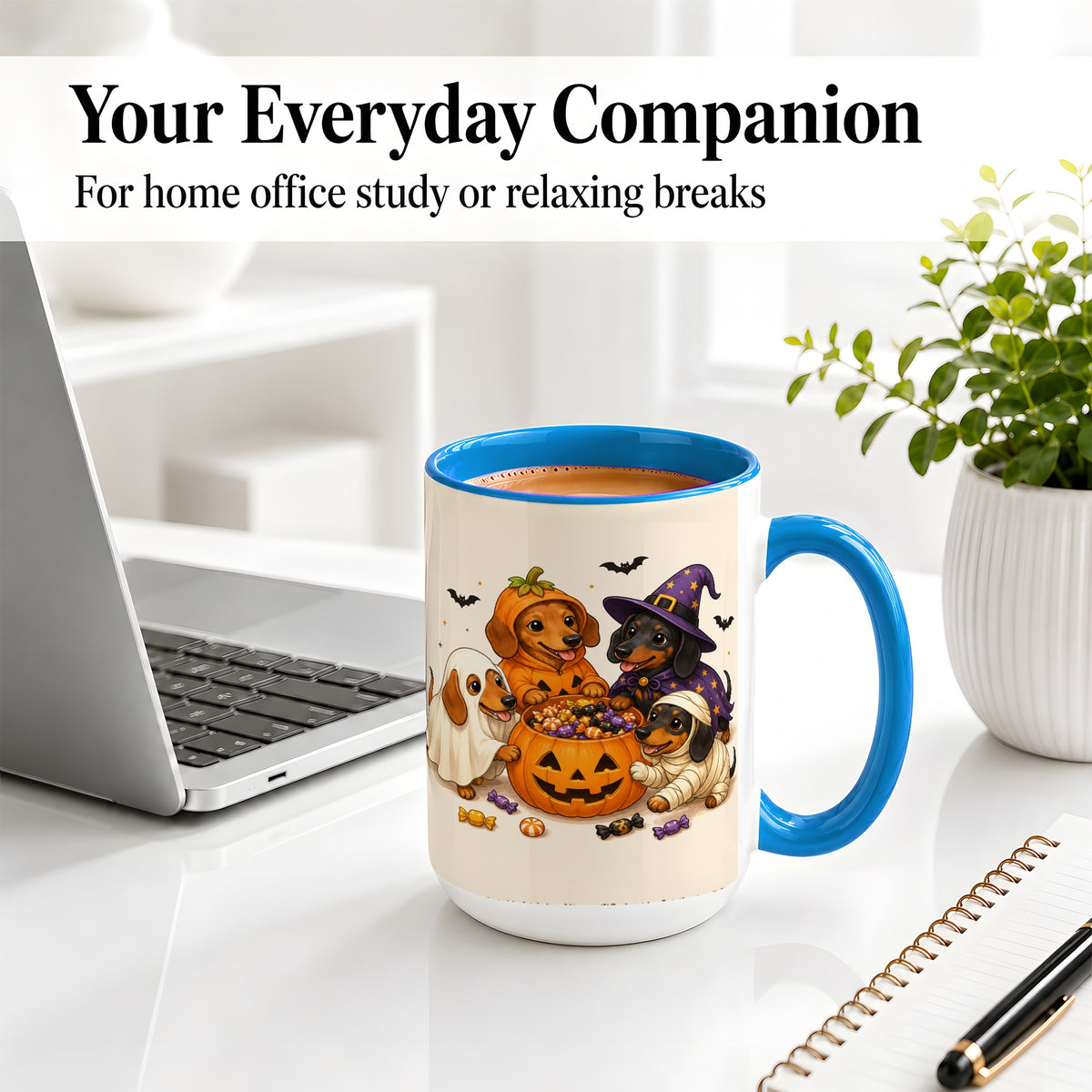 #pl[15oz|Blue] Halloween Dachshunds Accent Mug, Ceramic Mug with Costume Dog Artwork