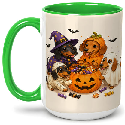 #pl[15oz|Green] Halloween Dachshunds Accent Mug, Ceramic Mug with Costume Dog Artwork