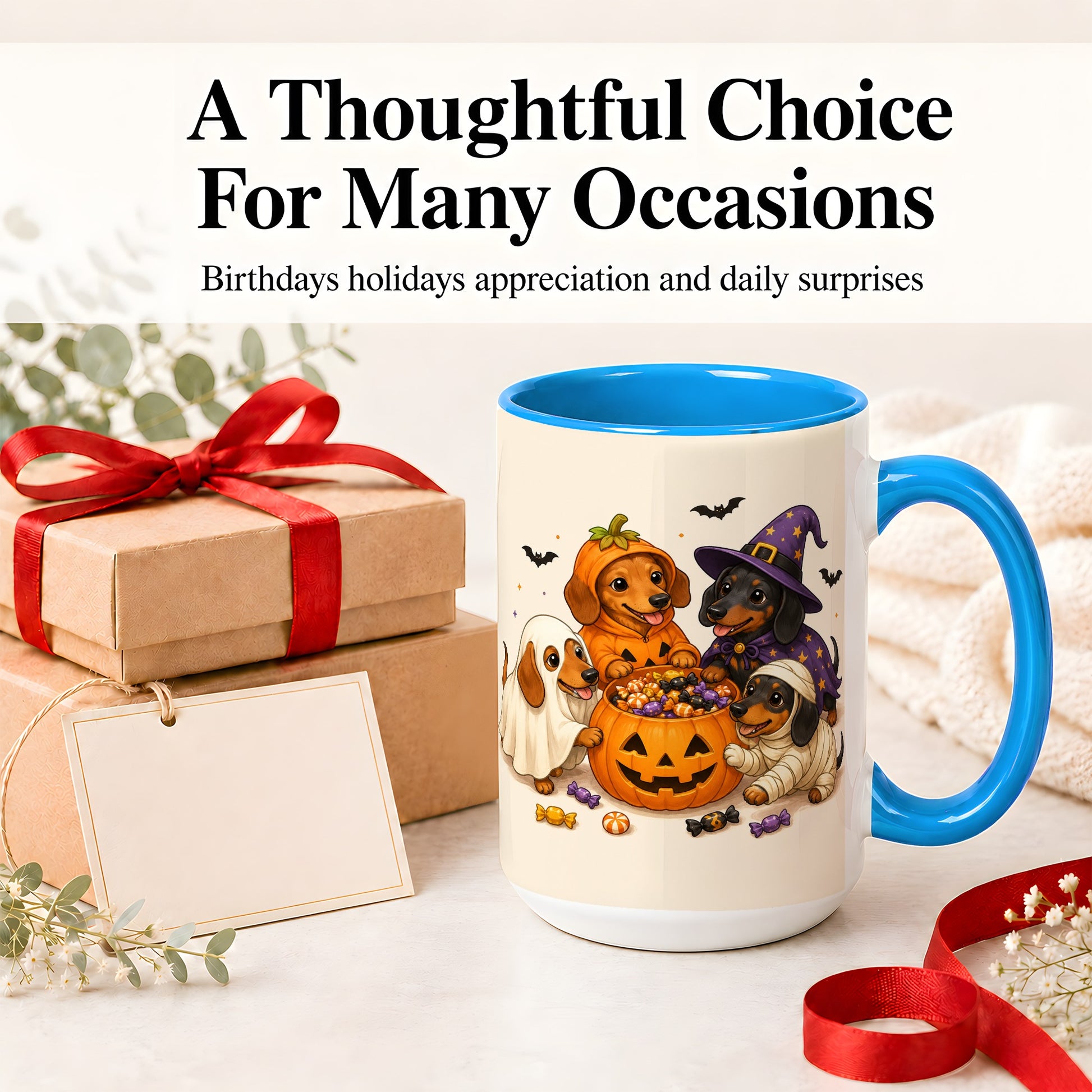 #pl[15oz|Blue] Halloween Dachshunds Accent Mug, Ceramic Mug with Costume Dog Artwork