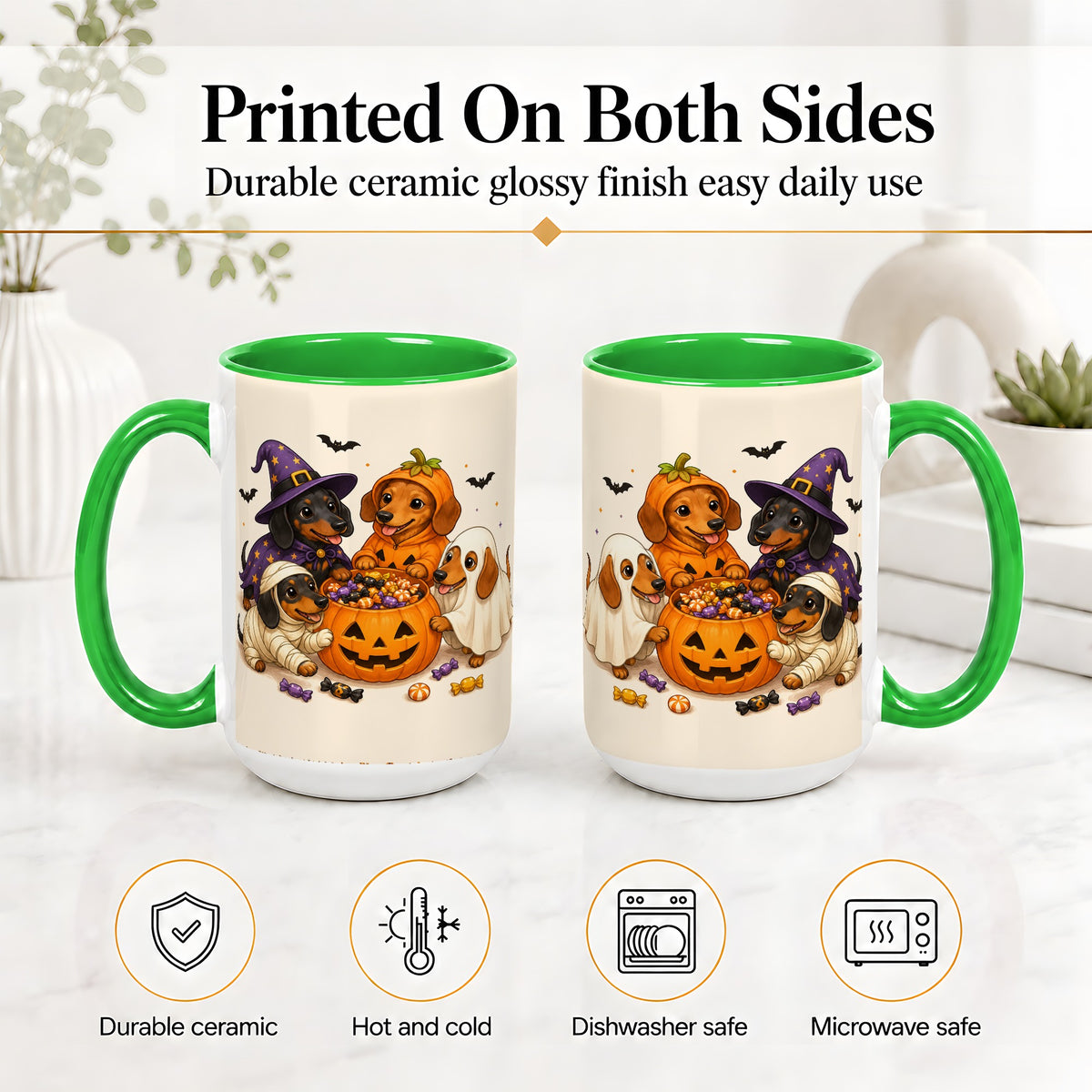 #pl[15oz|Green] Halloween Dachshunds Accent Mug, Ceramic Mug with Costume Dog Artwork