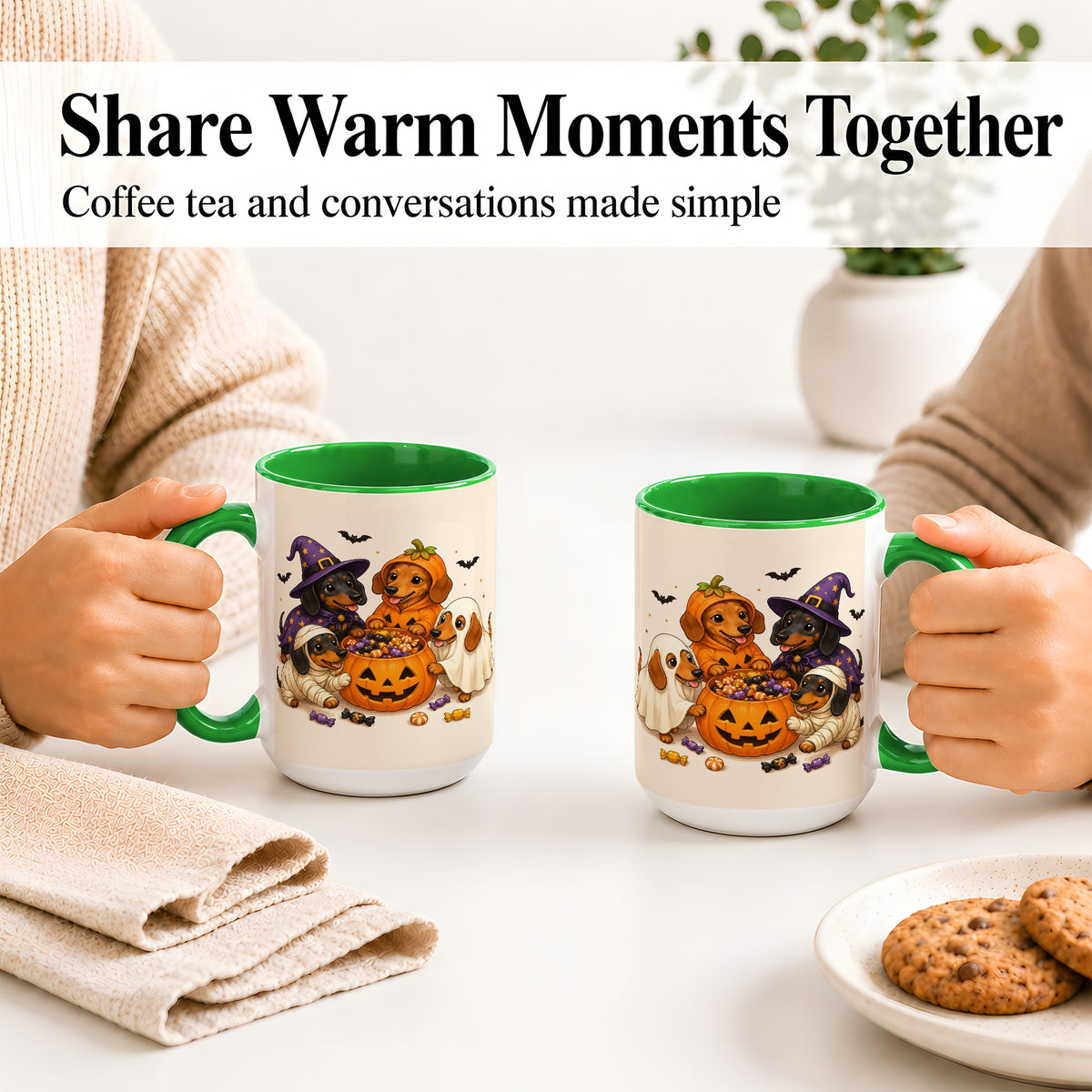 #pl[15oz|Green] Halloween Dachshunds Accent Mug, Ceramic Mug with Costume Dog Artwork