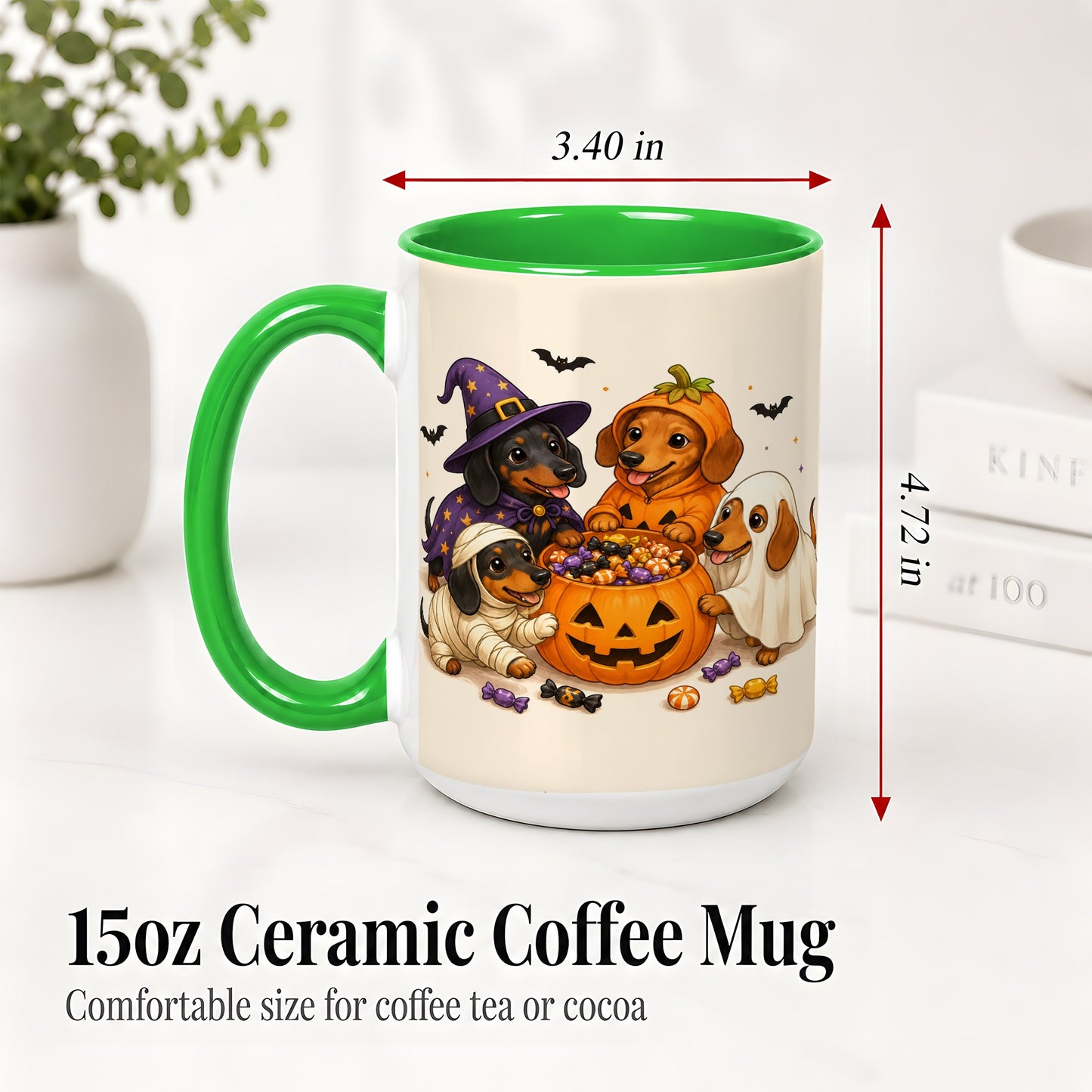 #pl[15oz|Green] Halloween Dachshunds Accent Mug, Ceramic Mug with Costume Dog Artwork